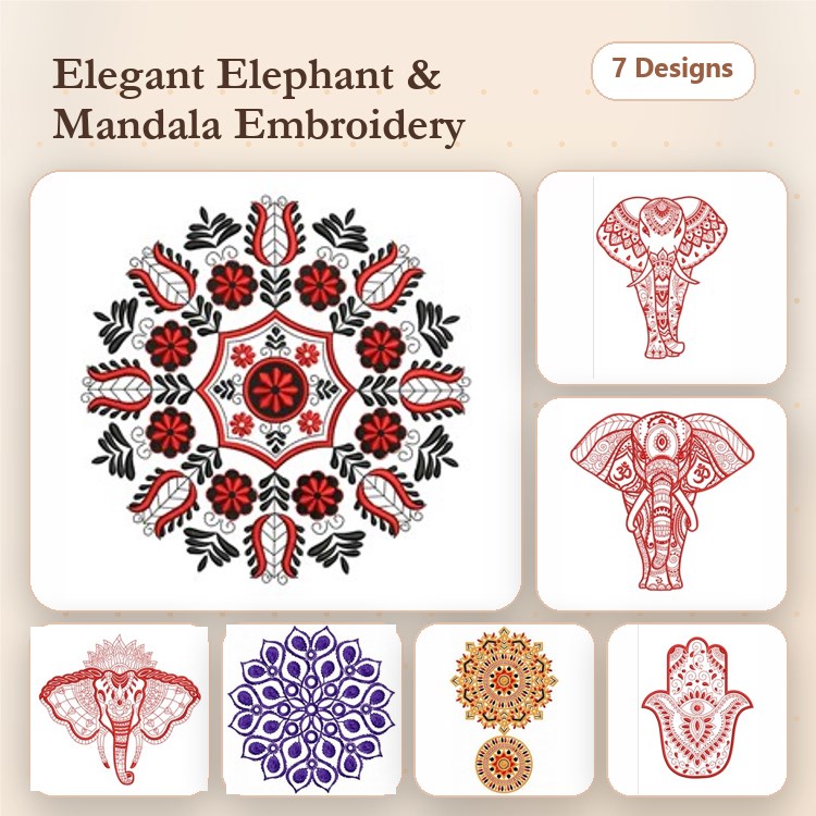 Redwork Elegant Elephants & Mandala Embroidery Designs Bundle – Mandala with Flowers, Decorative Elephant, & More (7 Designs)