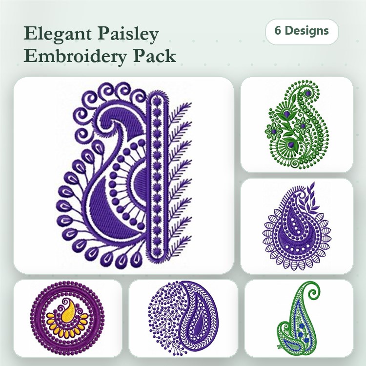 Paisley Embroidery Designs Bundle – Large Paisley with Sprigs, Curved Paisley, Teardrop Paisley & More (6 Designs)
