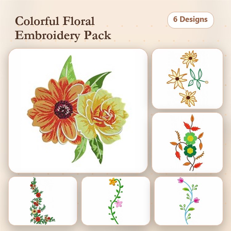 Colorful Floral Embroidery Designs Bundle – Floral Bouquet, Daisy Cluster, Single Blossom & More (6 Designs)