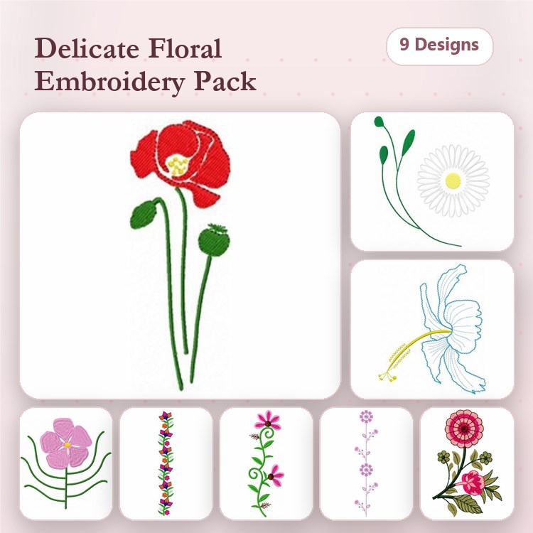 Floral Embroidery Designs Bundle – Red Poppy Flower, White Blossom, Daisy & More (9 Designs)