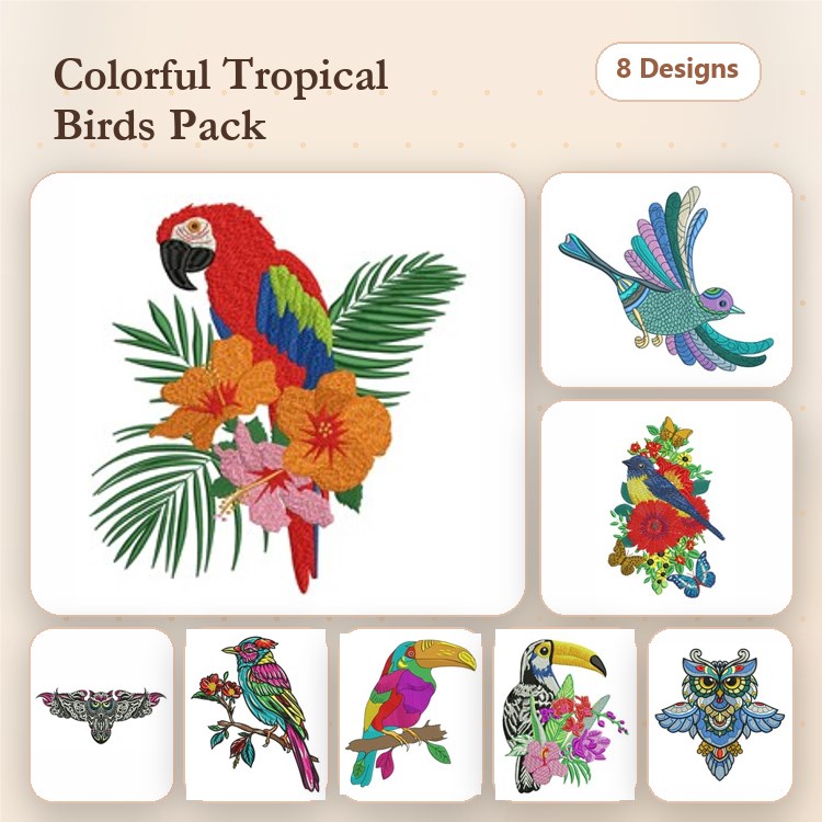 Colorful Tropical Birds Embroidery Designs Bundle – Scarlet Macaw, Hummingbird, Toucan & More (8 Designs)