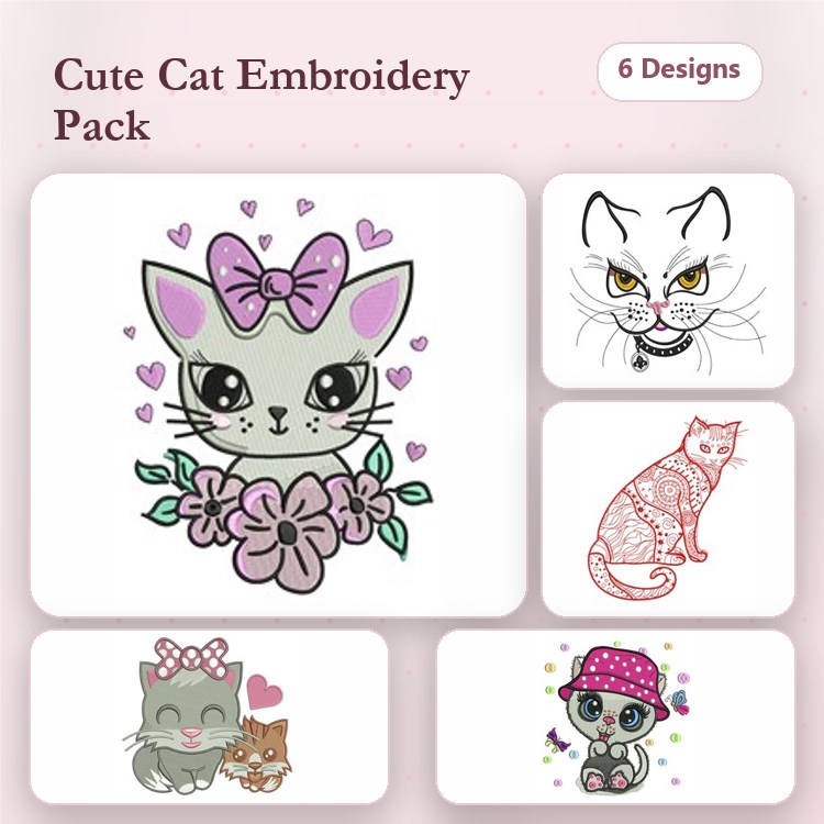 Cute Cat Embroidery Designs Bundle – Kitten with Bow and Flowers, Angry Cat Face, Sitting Cat & More (6 Designs)
