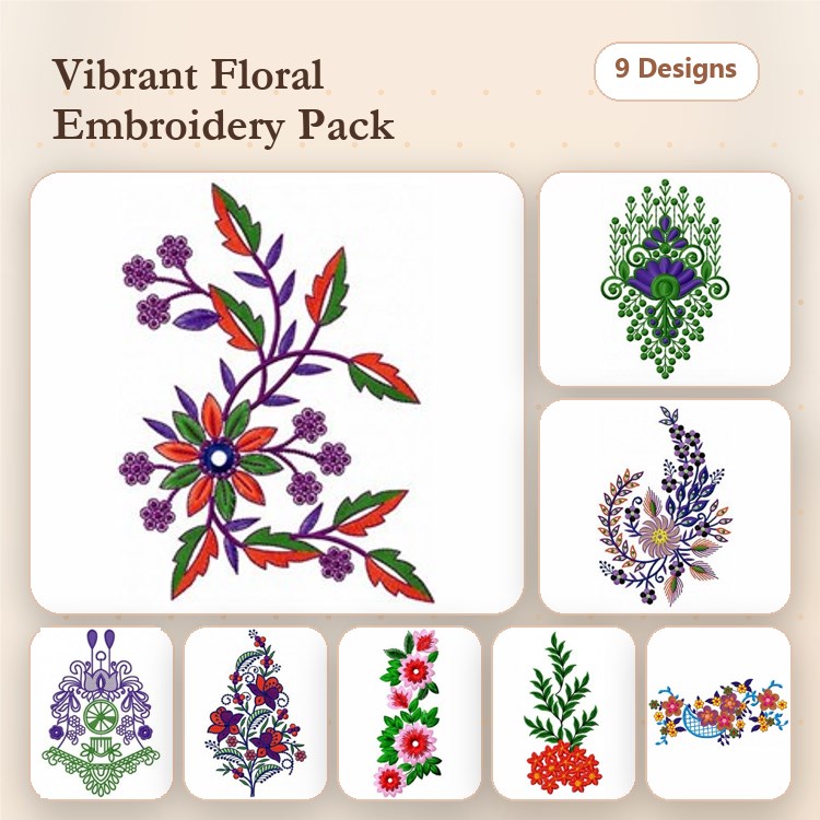 Floral Embroidery Designs Bundle – Floral Bouquet with Purple Flowers, Vibrant Floral Arrangement & More (9 Designs)