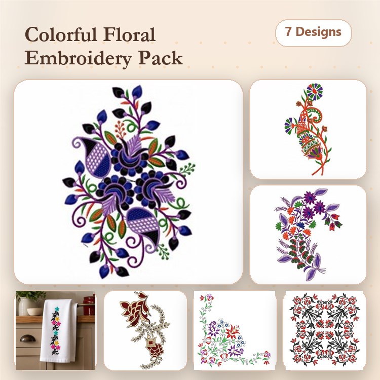 Colorful Floral Embroidery Designs Bundle – Vibrant Floral Arrangement, Floral Vine with Berries, & More (7 Designs)