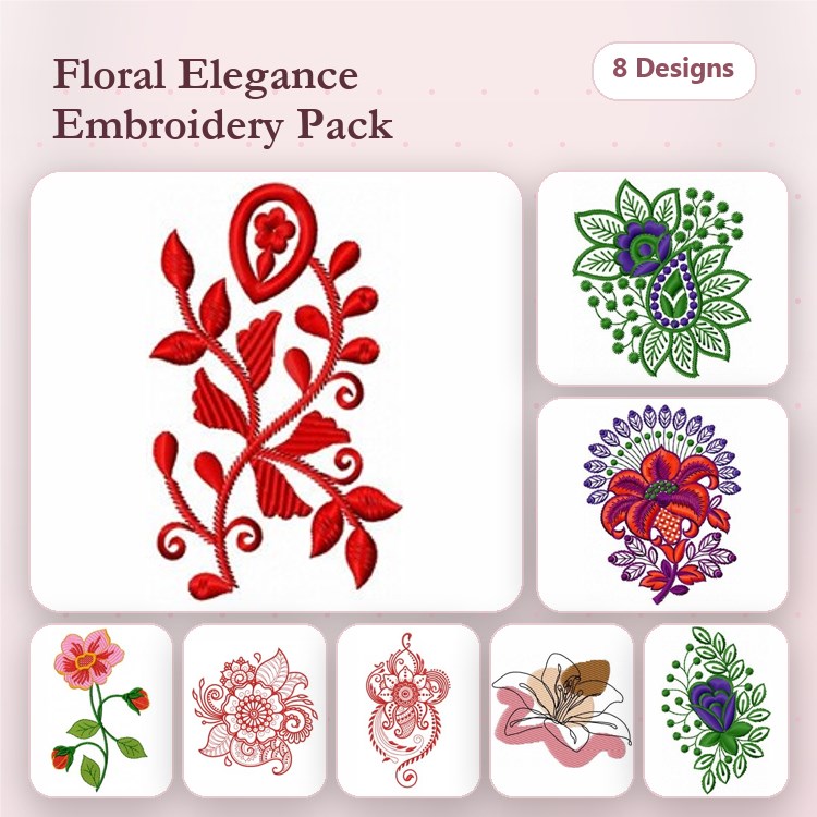 Floral Embroidery Designs Bundle – Red Floral, Green Mandala, Blue Floral & More (8 Designs)