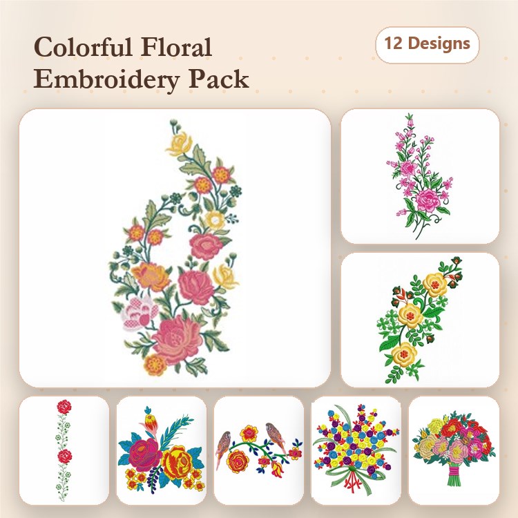 Colorful Floral Embroidery Designs Bundle – Floral Arrangement with Roses, Spring Flower Bouquet, & More (12 Designs)