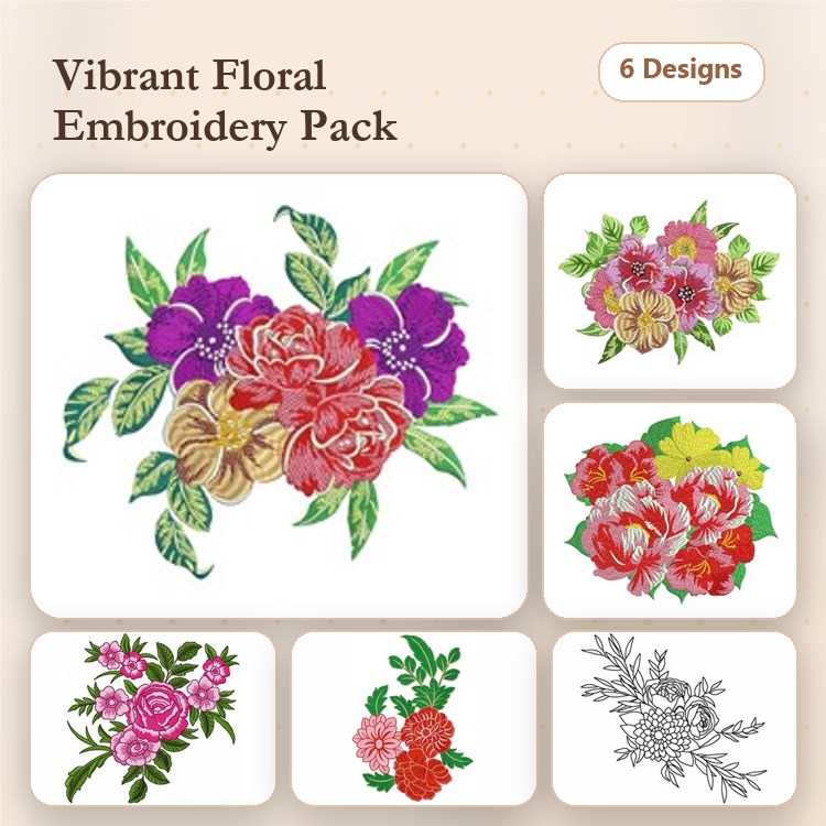 Floral Arrangements Embroidery Designs Bundle – Vibrant Bouquets with Purple Flowers, Pink Peony, Red & Yellow Blooms & More (6 Designs)