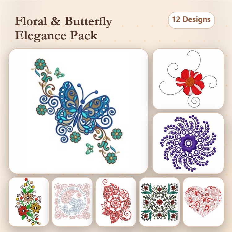Floral and Butterfly Embroidery Designs Bundle – Butterfly, Red Flower, Ornate Floral Design & More (12 Designs)