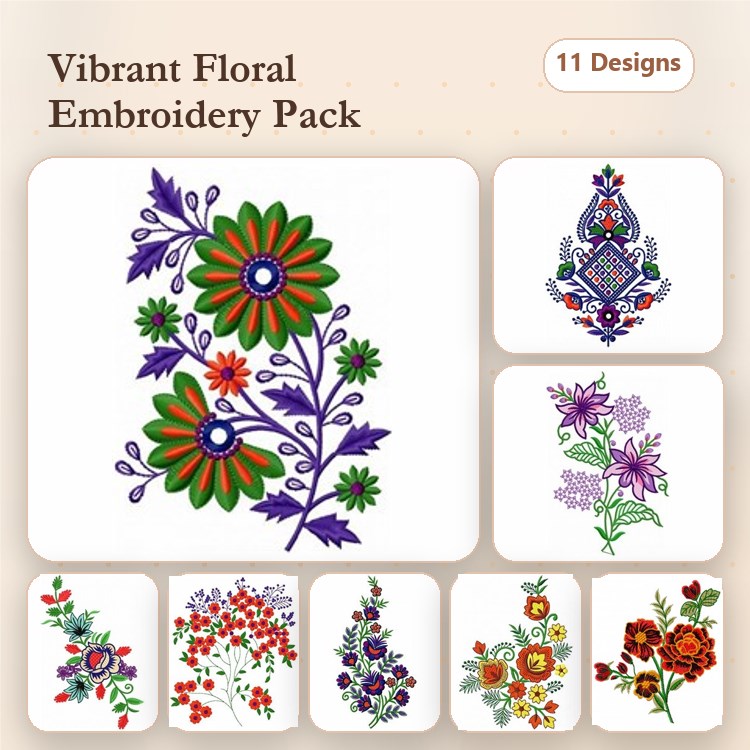 Vibrant Floral Embroidery Designs Bundle – Colorful Flower Arrangement, Ornate Floral Motif, & More (11 Designs)