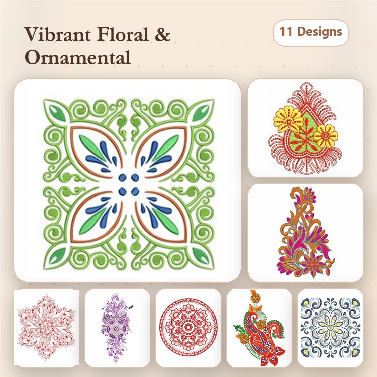Floral and Ornamental Embroidery Bundle – Floral Square, Ornamental Teardrop, Detailed Floral Motif & More (11 Designs)