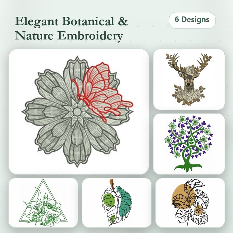 Botanical & Nature Embroidery Designs Bundle – Floral with Butterfly, Deer Head, Tree of Life & More (6 Designs)