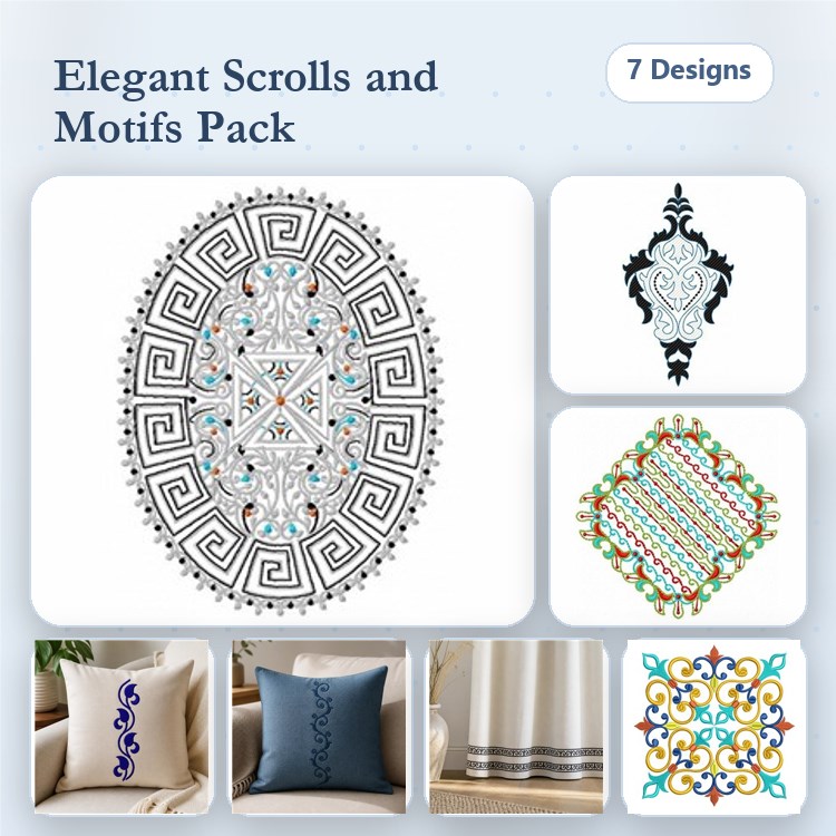Elegant Scrolls Embroidery Designs Bundle – Geometric Scroll Design, Ornate Motif, Decorative Floral Border & More (7 Designs)