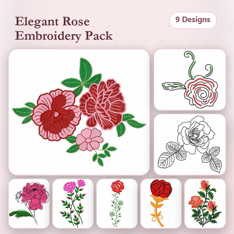 Elegant Rose Embroidery Designs Bundle – Bouquet of Roses, Single Red Rose, Pink Rose & More (9 Designs)