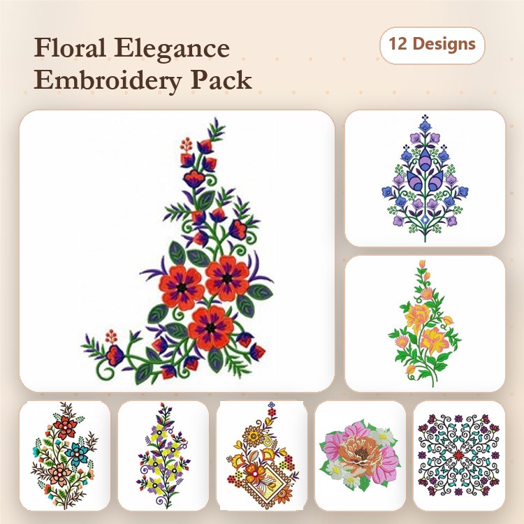 Floral Embroidery Designs Bundle – Floral Arrangement, Vibrant Flower Bouquet, Ornate Floral Cluster & More (12 Designs)