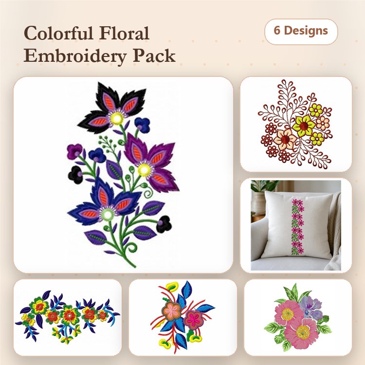 Colorful Floral Embroidery Designs Bundle – Floral Bouquet, Flower Sprig, & More (6 Designs)