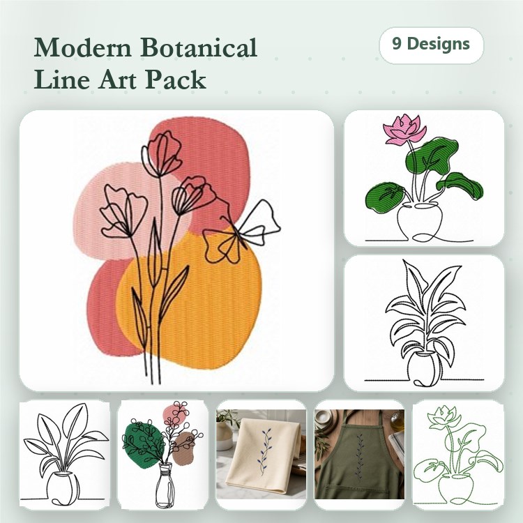 Redwork Botanical Line Art Embroidery Designs Bundle – Flower in Vase, Butterfly with Flowers, Lotus Plant & More (9 Designs)