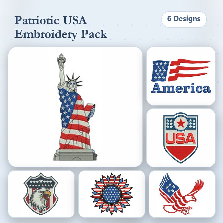 Patriotic USA Embroidery Designs Bundle – Statue of Liberty, American Flag, Eagle & More (6 Designs)