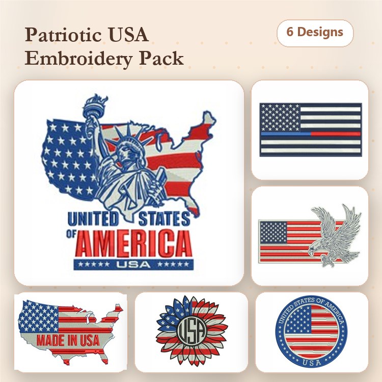 Patriotic USA Themes Embroidery Designs Bundle – USA Map with Statue of Liberty, Eagle with Flag & More (6 Designs)