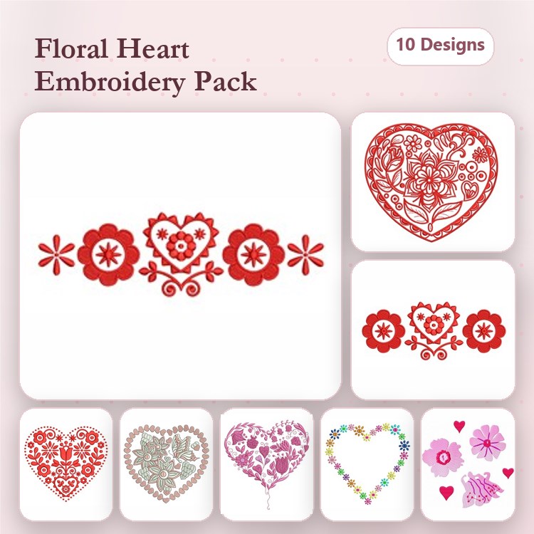 Redwork Floral Heart Embroidery Designs Bundle – Floral Heart with Flowers, Ornate Floral Heart, & More (10 Designs)
