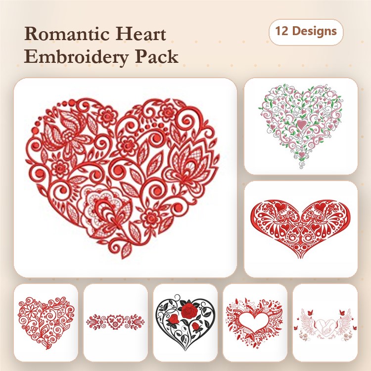 Redwork Romantic Heart Embroidery Designs Bundle – Floral Heart with Roses, Ornate Heart, Lace Heart & More (12 Designs)