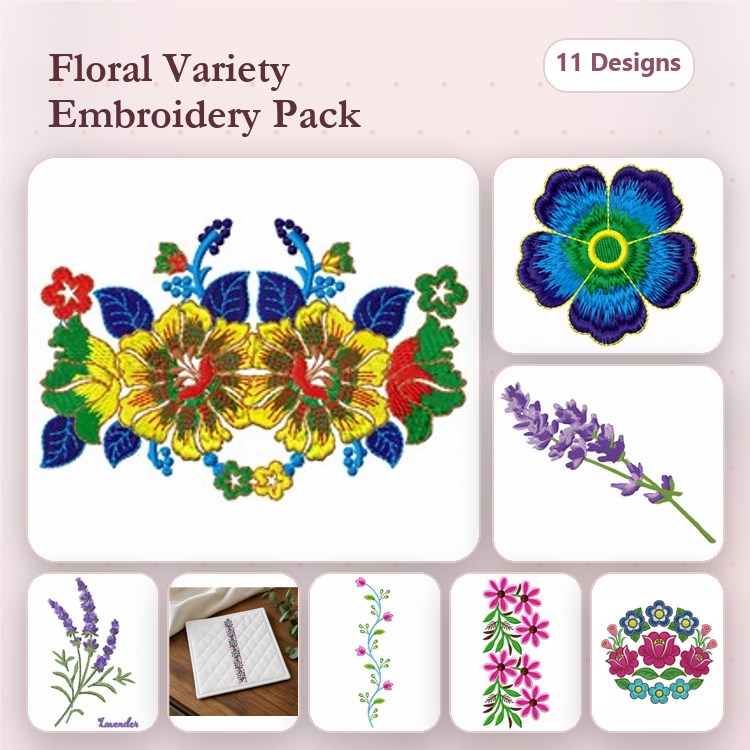 Floral Embroidery Designs Bundle – Flower Arrangement, Blue Flower, Lavender Stem & More (11 Designs)