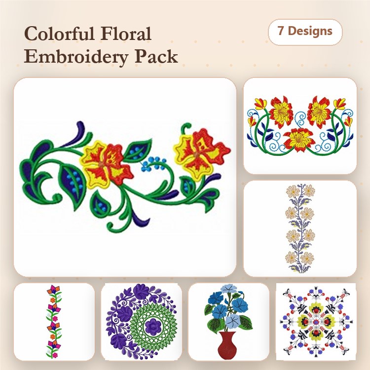 Colorful Floral Embroidery Bundle – Floral Vine, Colorful Bouquet, Floral Border & More (7 Designs)