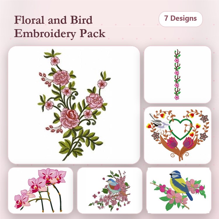 Floral and Bird Embroidery Designs Bundle – Flower Bouquet, Floral Vine, Bird in Nest & More (7 Designs)