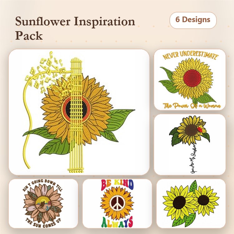 Sunflower Embroidery Designs Bundle – Sunflower with Guitar, Sunflower Quote - Never Underestimate, & More (6 Designs)