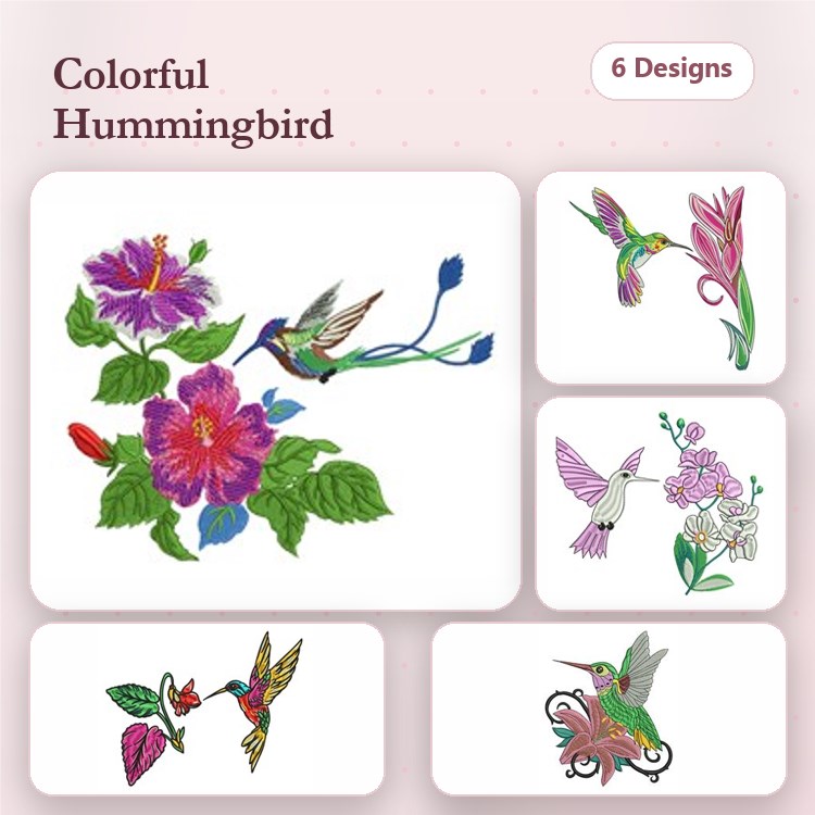 Hummingbirds with Flowers Embroidery Designs Bundle – Hummingbird with Hibiscus, Colorful Hummingbird & More (6 Designs)