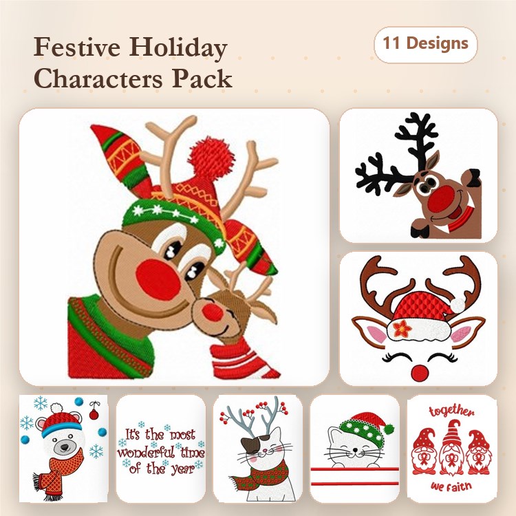 Festive Holiday Characters Embroidery Bundle – Reindeer with Hat, Polar Bear with Scarf, Snowman & More (11 Designs)