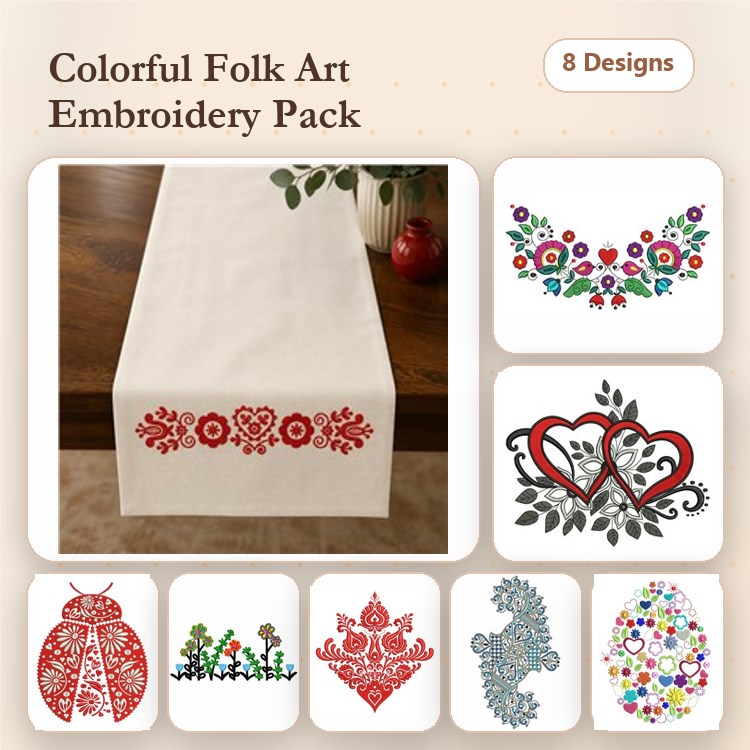 Folk Art Floral Embroidery Designs Bundle – Floral Heart, Colorful Floral Border, Ladybug & More (8 Designs)