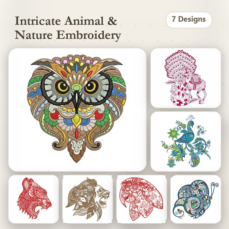 Intricate Animal and Nature Embroidery Bundle – Colorful Owl, Detailed Lion, Floral Seahorse & More (7 Designs)