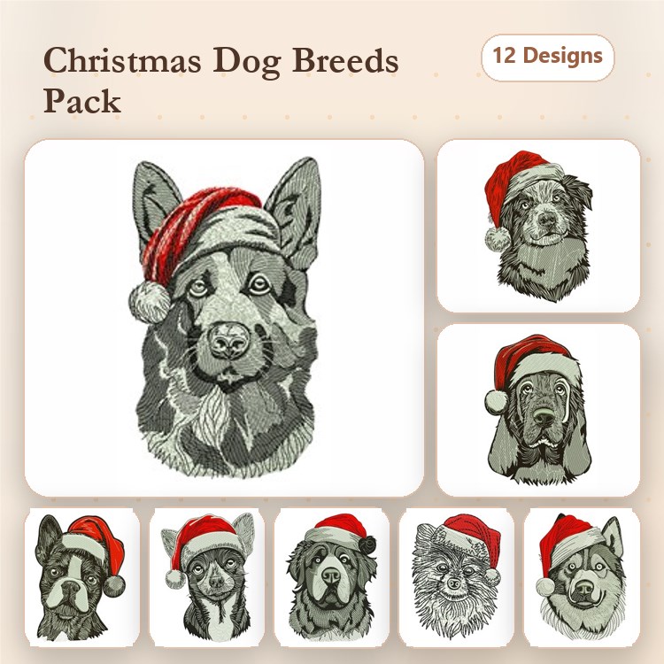 Christmas Dog Breeds Embroidery Bundle – Festive Canine Designs (7 Designs)