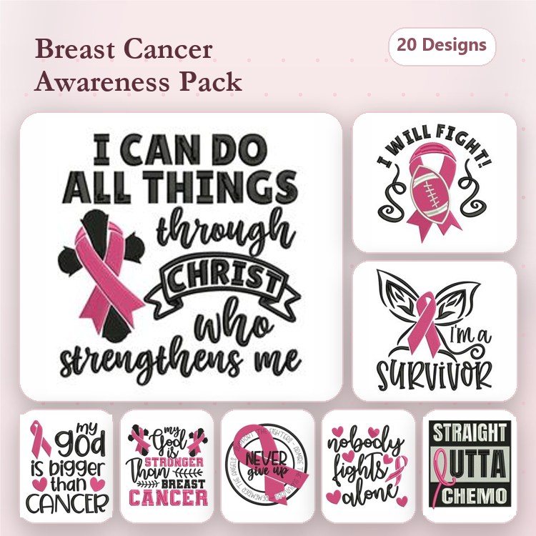 Breast Cancer Awareness Embroidery Designs Bundle – I Can Do All Things, I'm a Survivor, Courage & More (20 Designs)