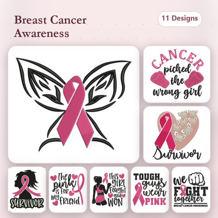 Breast Cancer Awareness Embroidery Designs Bundle – Angel Wings with Ribbon, Pink Ribbon with Survivor, & More (11 Designs)