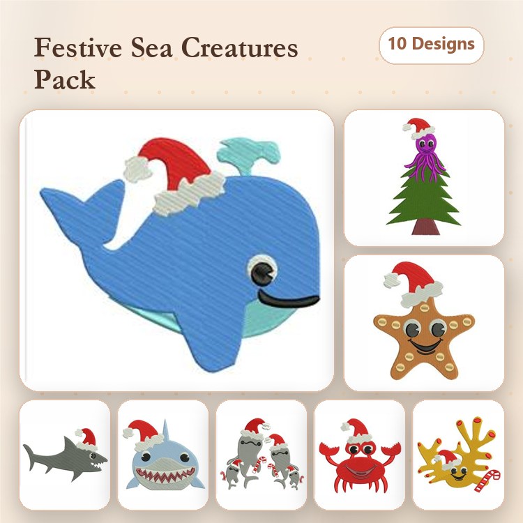 Applique Festive Sea Creatures Embroidery Bundle – Whale with Santa Hat, Octopus with Santa Hat, Shark with Santa Hat & More (10 Designs)