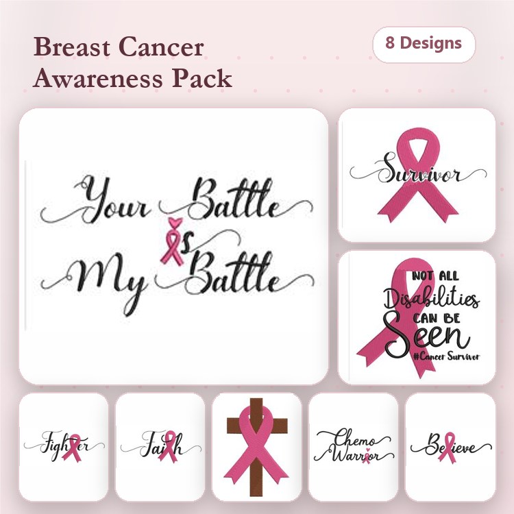 Breast Cancer Awareness Embroidery Designs Bundle – Your Battle My Battle, Survivor Ribbon, Hope Ribbon & More (8 Designs)