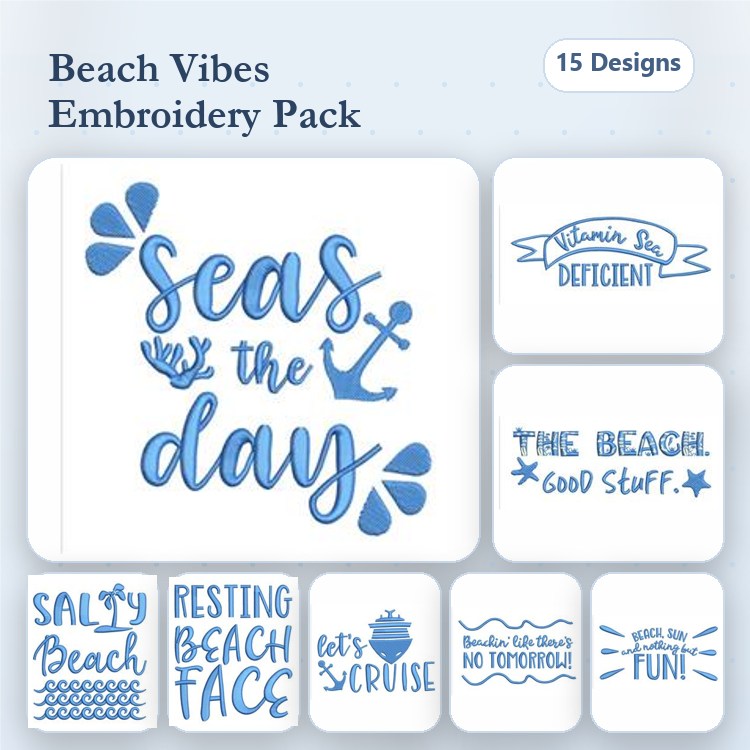 Beach Themed Embroidery Designs Bundle – Seas the Day, Beach Vibes, Mermaid Approved & More (15 Designs)