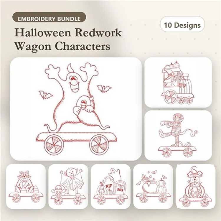 Redwork Halloween Wagon Characters Embroidery Designs Bundle – Ghost, Mummy, Pumpkin, Cat & More (10 Designs)