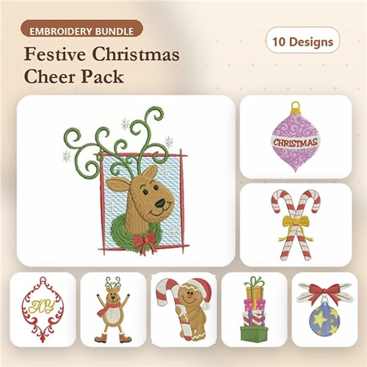 Christmas Embroidery Designs Bundle – Reindeer, Christmas Ornament, Candy Cane & More (10 Designs)