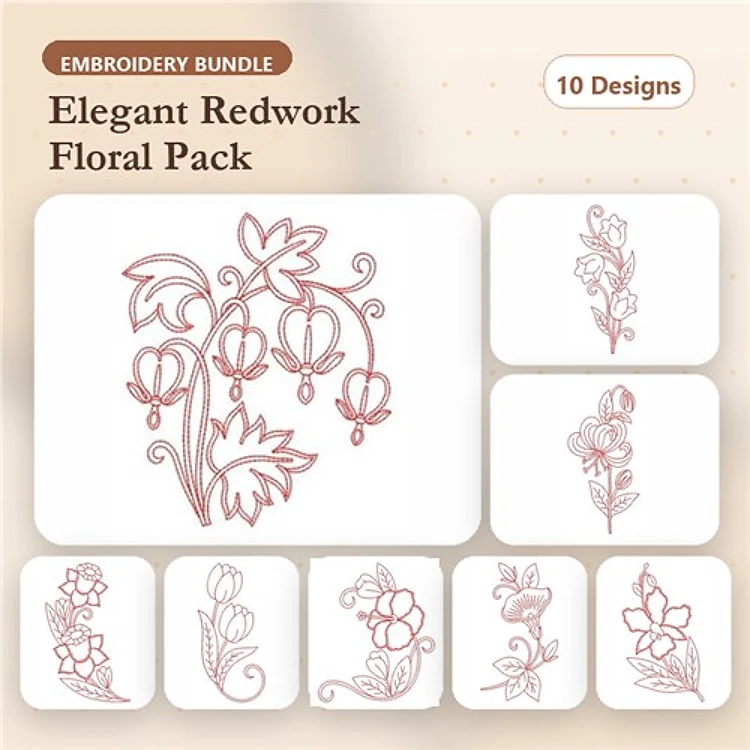 Redwork Elegant Floral Embroidery Bundle – Bell Flower, Rose, Tulip & More (10 Designs)