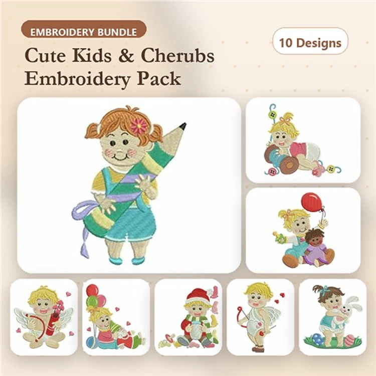 Cute Kids & Cherubs Embroidery Designs Bundle – Girl with Pencil, Cherub with Balloon, Girl in Red Dress & More (10 Designs)