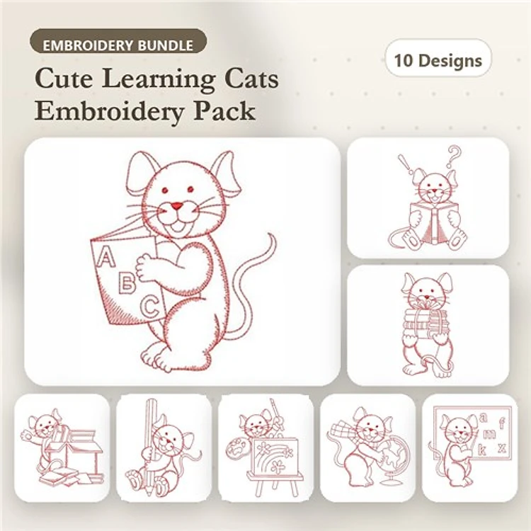 Redwork Learning Cats Embroidery Bundle – Cat Holding Alphabet Blocks, Cat with Book and Glasses, & More (10 Designs)