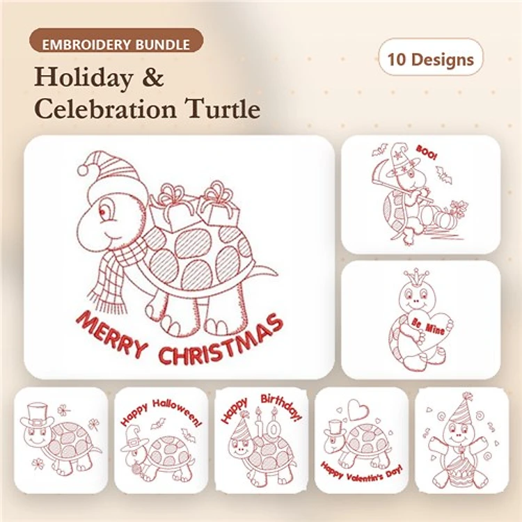 Redwork Holiday Turtle Embroidery Designs Bundle – Merry Christmas Turtle, Halloween Turtle, Birthday Turtle & More (10 Designs)