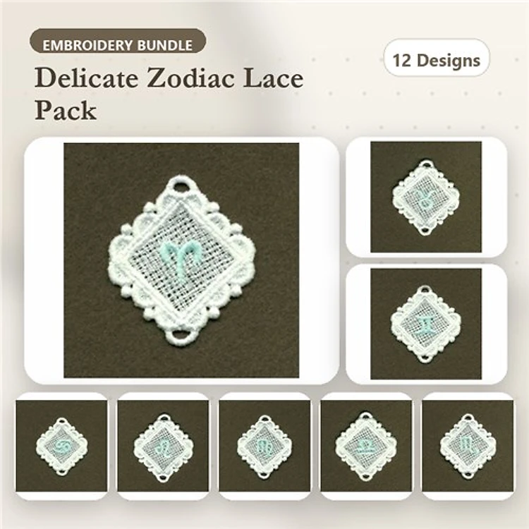 FSL Zodiac Lace Embroidery Bundle – Aries, Taurus, Gemini & More (12 Designs)