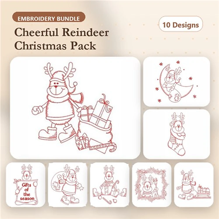 Redwork Christmas Reindeer Embroidery Designs Bundle – Cheerful Reindeer with Gifts, Reindeer with Sled & More (10 Designs)