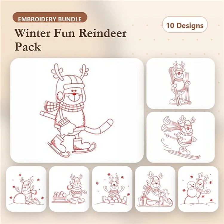 Redwork Winter Fun Reindeer Embroidery Bundle – Skiing Reindeer, Skating Reindeer, Reindeer with Sled & More (10 Designs)