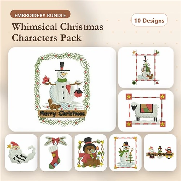 Christmas Characters Embroidery Bundle – Snowman with Dog, Santa with Reindeer, Christmas Tree & More (10 Designs)
