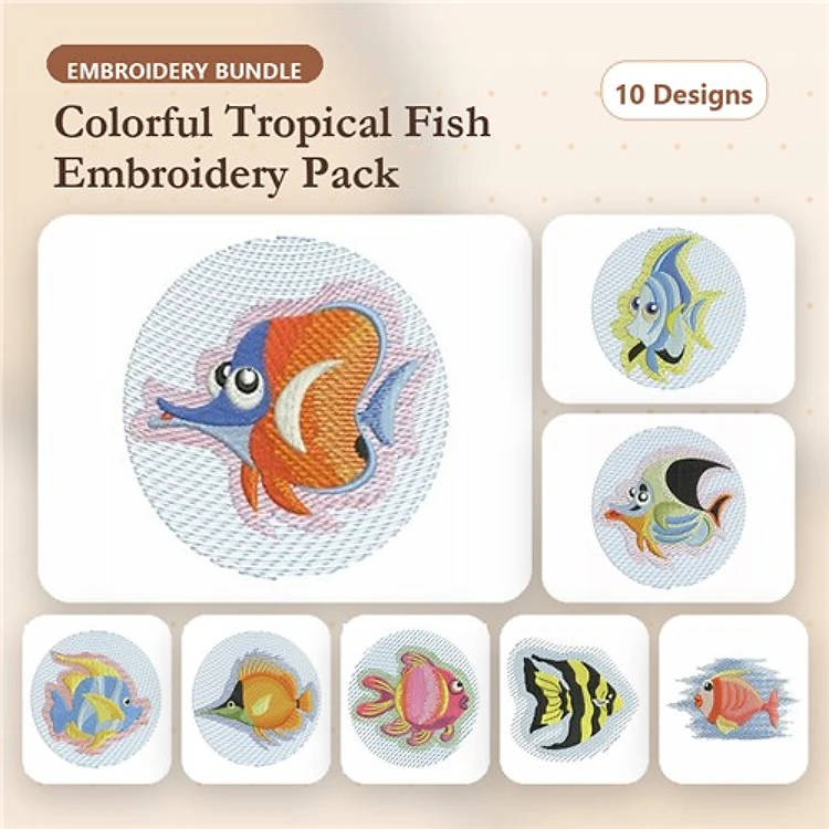 Colorful Tropical Fish Embroidery Bundle – Clownfish, Angelfish, Butterfly Fish & More (10 Designs)