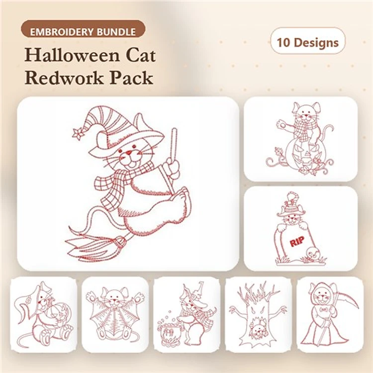 Redwork Halloween Cats Embroidery Designs Bundle – Cat with Broom, Cat with Pumpkin, Cat in Witch Hat & More (10 Designs)